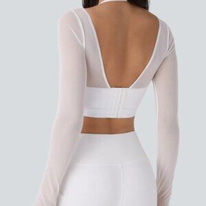 Halara Halter Backless Long Sleeve Thumb Hole Contrast Mesh 2-in-1 Cropped Yoga